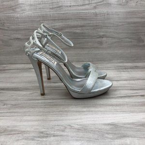 Badgley Mischka Heels Womens 7.5 Silver Leather Formal Stiletto Buckle Strap